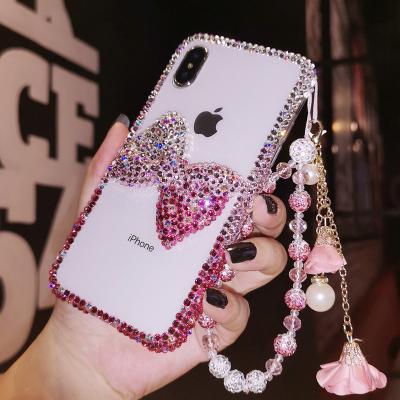 China Shockproof For Iphone 11 12 13 3D Bling Sparkle Diamond With Soft TPU Handmade Acrylic Phone Bumper Case With Wrist Strap for sale