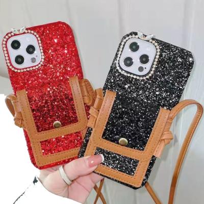 China Shockproof For Iphone 11 12 13 pro Max Case 3D Glitter Diamond Bling Hard Rubber Handmade Mobile Phone Bags With Neck Strap for sale