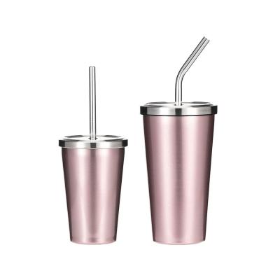 China Wholesale Viable Tumbler Cups Stainless Steel Rose Gold Coffee Mug With Double Walled Drinking Straw for sale