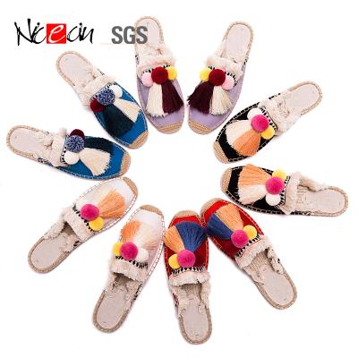 China Anti-slippery women spring summer tassel and ball canvas nature hemp jute fluffy mule shoes slides sneakers for sale