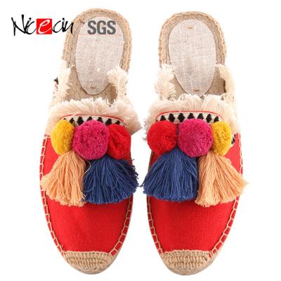 China Summer Flat Collection Canvas Espadrilles Women's Flats Half Slips Women's Sandals Fur Balls Slippers For Women for sale