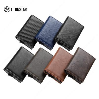 China Normcore / ID Leather Card Holder Wholesale Minimalist Men Business With Slim Zipper Pocket Metal Credit Card Socket Cover Leather Wallet Pop Up Wallet for sale