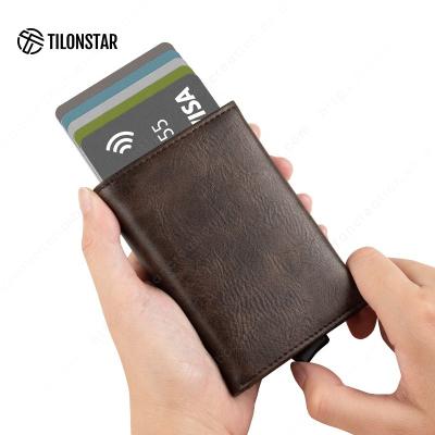 China Normcore / Minimalist In Current Multifunctional Men Embossed Wallet Rfid Metal Cards Case Leather Aluminum Credit Card Holder for sale