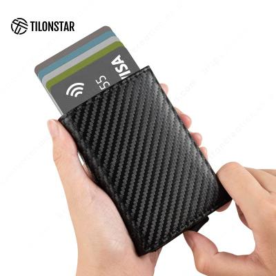 China Normcore / Minimalist Customized Logo Carbon Fiber Wallet Smart Credit Protection Rfid Mini Aluminum Card Case Leather Pop Out Metal Card Wallet for sale