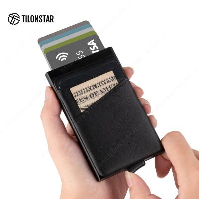 China Normcore/TILONSTAR Minimalist Smart Wallets For Men Minimalist Pop Up Metal Wallet Real RFID Card Case Leather Card Holder for sale