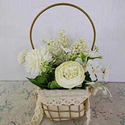 China Natural touch flower basket wrought iron decoration shopping mall window bar rose decoration simulation flower for sale