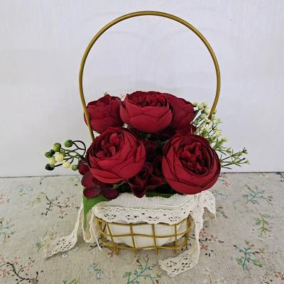 China Natural touch flower basket decoration wrought iron shopping mall window bar peony decoration simulation flower for sale