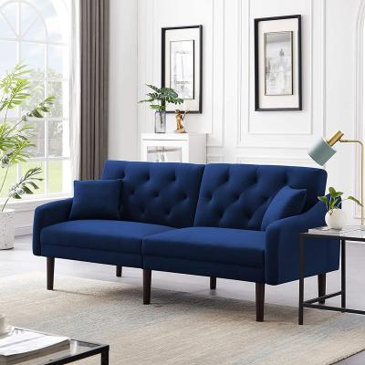 China Modern Living Room Extendable Legs Sofa Cum Bed With Wood Fabric Velvet Futon Recliner Elegant Folding Navy Blue for sale