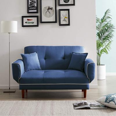 China Small Folding Loveseat Folding Convertible Sofa Bed With Adjustable Armrest and Wooden Legs Futon Sofa Couch With Pillows Navy Blue for sale