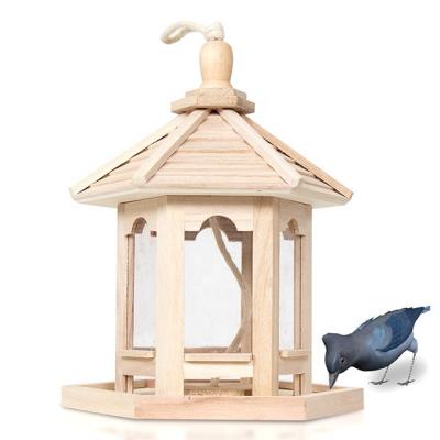 China Stocked Creative Hexagon Garden Bird Feeder Cage Single House Outdoor Hanging Wooden Bird Feeder for sale