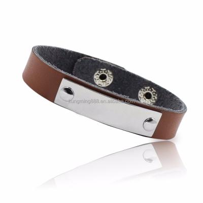 China DIY LOGO Blank Metal Plate Real Leather Stainless Free Engraved Bracelet for sale