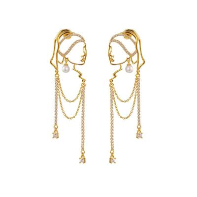 China 2021 TRENDY unique abstract face art earrings dangle statement long tassel hollow out pearl fashion crystal earrings for sale