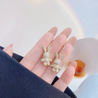 China FASHIONABLE Korean Luxury Design Real Gold Plated Full Diamond Zircon Cartoon Rabbit Pendant Bling Earring for sale