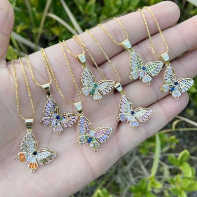 China FASHIONABLE Wholesale Gold Plated Box Chain Rainbow Diamond Zircon Rose Butterfly Necklace For Women for sale