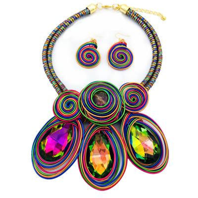 China TRENDY Fashion Ryanbow Bohemian Africa Style Big Exaggerate Spiral Rope Crystal Stone Statement Necklace Earring Set For Women for sale