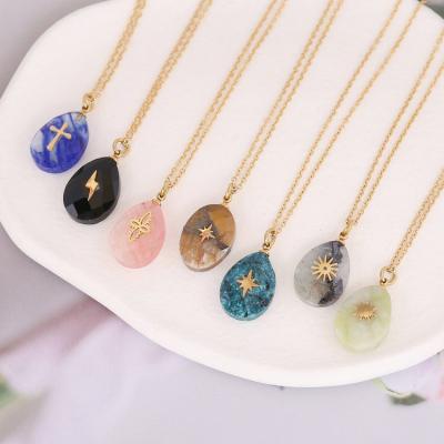 China Trendy Gold Crystal Cross Stone Natural Cross Stone Stainless Steel ACI Jewelry Designs Personality 16 Pendant Necklace for sale