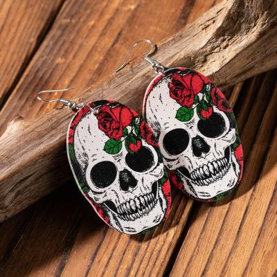 China Big Long TRENDY Punk PU Leather Dangle Drop Halloween Sugar Skull Earrings For Women for sale