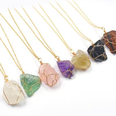 China FASHIONABLE Small Natural Stone Rock Quartz Pendulum Citrines Amethysts Fluorite Rose Pendant Crystal Necklace for Women Healing for sale