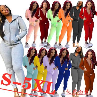 China 2021 Autumn Winter Women's Two-piece Set Breathable Large Size Casual Sports Solid Color Jogger Sweatpants Pants Suit for sale