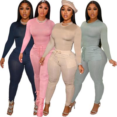 China Breathable Women's Clothing Solid Color Pocket Set Two Piece Elastic Casual Popular Sweatshirt Long Sleeve 2 Piece Female Set Women for sale