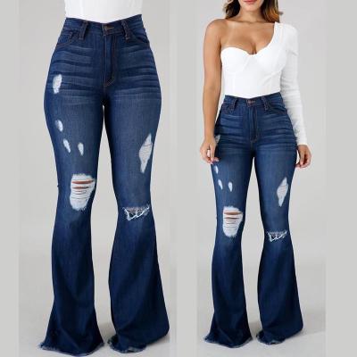 China Women blue QUICK DRY jeans ripped flare pants elastic plus loose denim pocket button casual boot cut pant spring jeans for sale