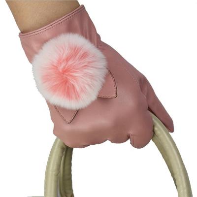 China Autumn And Winter Cashmere Thickening Touch Screen Mobile Phone Driver PU Warmer Leather Women'S Simple Ball Hair Waterproof Mitten for sale