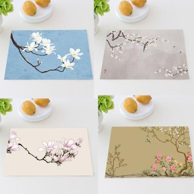 China New Chinese Style Viable Flowers and Birds Place Mat Cotton and Dining Table Insulation Linen Printing Washable Place Mat for sale