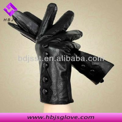 China Plain high quality lady black leather gloves with button decoration for sale