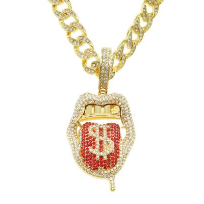 China Diamond Silver Gold Big CZ Bandit Dollar Symbol Necklace Hit Hiphop Full Tongue Cuban Chain Jewelry Pendant Tennis Trendy Dollar Sign Necklace for sale