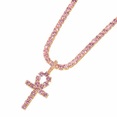 China Hiphop Iced Out Pink Zircon Necklace CZ Ankh Charm Jewelry Cross Pendant Necklace Women Gift for sale