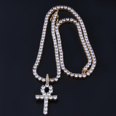 China Hiphop Hip Hop Pink Zircon Egyptian Anh Main Cross Pendant Necklace For Women for sale