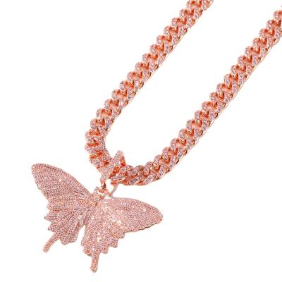 China New Trend Hip Hop Hip Hop Gold Plated Iced Out Cuban Link Butterfly Necklace Pendant Jewelry for sale