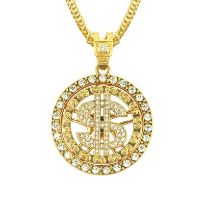 China Hiphop Gold Necklace Chain With Dollar Sign 18K Gold Plated Hip Hop Outlet Necklace Chains Iced Out Pendant For Men for sale