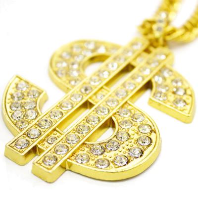 China Punk Hip Hop Jewelry Big US Dollar $ Sign Pendant With CZ Stone Necklace For Women Men for sale