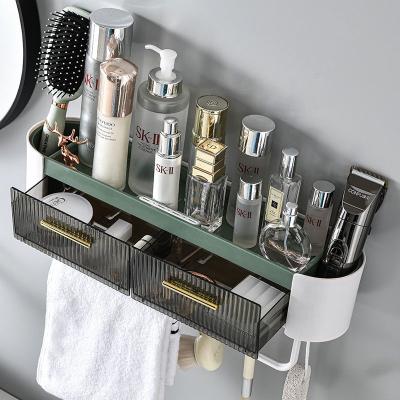 China Sustainable No Drilling Adhesive Wall Mounted Plastic Bathroom Shelf Shower Caddy for sale