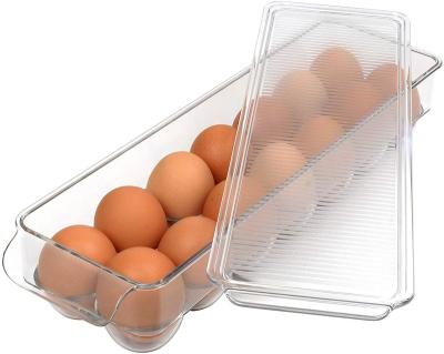 China Plastic Egg Stored Holder For Stackable Fridge Bins Egg Tray Holder Fridge Organizer With Clear Lid And Handles for sale