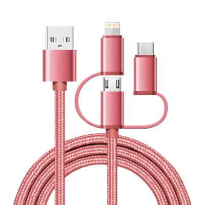 China Factory Wholesale 5V 2.4A Usb Fast Charging Nylon Data Cable 3 in 1 Camera Usb Cable For iPhone For Type-C For Micro Lgo Laser Copy for sale