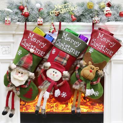 China Wholesale Handmade Luxury Red Green Fireplace Tree Christmas Stocking Santa Snowman Reindeer Xmas Character Hanging Decoration for sale