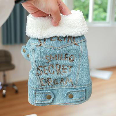 China 2022 Winter Stocked English Lamb Fleece Collar Letter Embroidery Pattern Pet Denim Jacket For Small Medium Dogs Puppy Pet Cats for sale