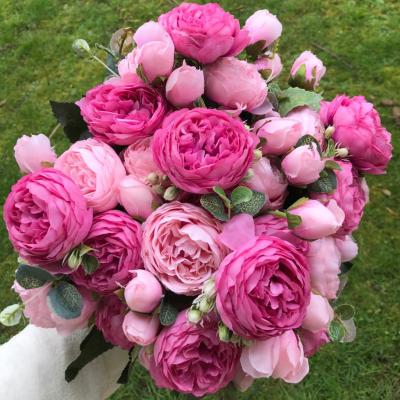 China Plastic Silk Rose Peony Artificial Flowers Beautiful Flores Bouquet for Wedding Party Decoration Wedding Home Flowers for sale