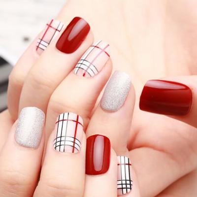 China Design Fake Finger Nails Plaid Wine Red Acrylic False Nails Custom Wrapping Artificial Press On Nail Tips for sale