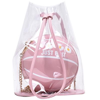 China New Arrival Fashion Around Handbags Leather Women Purse Shape Basketball Transparent Shoulder Bag for sale