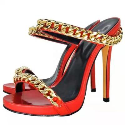 China Anti-odor Fashion Slippers Summer Gold Chain Thin High Heels New Slides Outdoor Red Sandals For Women Shoes for sale