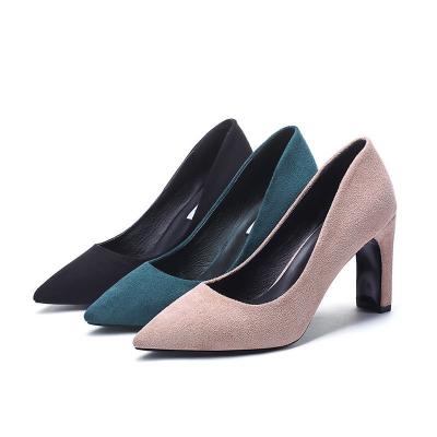 China Anti-Smell Office Lady Faux Suede Stylish Working Shoes Comfort Heels Pointed Toe Women Pumps Size 43 Black Shoes For Women for sale