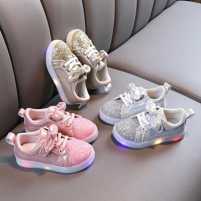 China Wholesale Girls 2021 Latest Fancy Anti-odor Light Children's Bowknot Glitter Shoes High Quality New LED Children's Shoes for sale