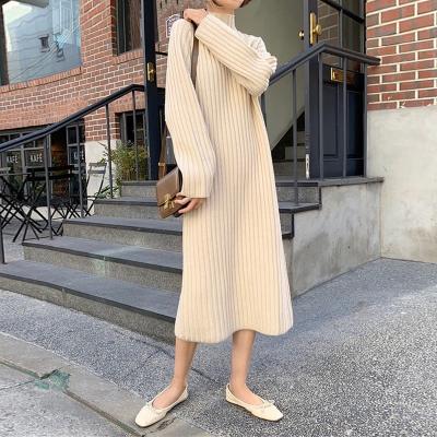 China Anti-pilling Autumn and winter semi-high neck thick dress loose vertical strip bottom straight tube over the knee long sweater dress for sale