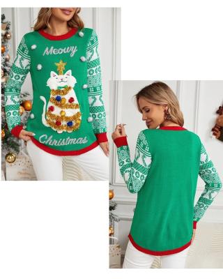 China Anti-pilling New Jacquard Christmas sweater in autumn and winter cartoon kitten embroidered red sweater for sale