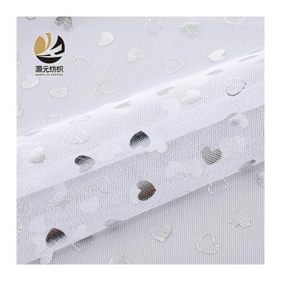 China Other China Supplier Custom Silver Foil Printing Heart Bel White Tulle Mesh Fabric for sale