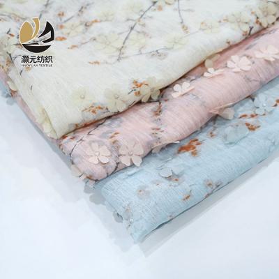 China Breathable OEM Accept In Stock 3d Flower Applique Print Embroidery Chiffon Fabric for sale