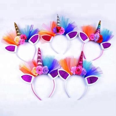 China As Picture Unicorn Horn Hairband Kids Chiffon Unicorn Headband Glitter Hairband Easter Bonus For Party DIY Hair for sale